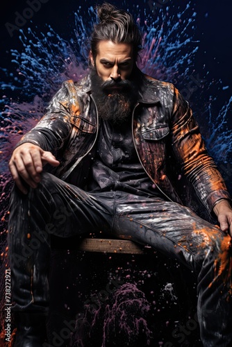 Edgy Bearded  Male Model in Paint-Splattered Leather Jacket © Sabine