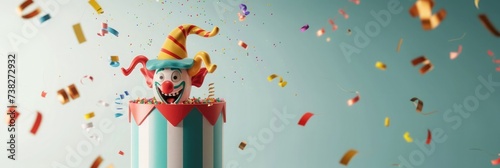 A whimsical 3D illustration of a colorful jack-in-the-box toy with a clown popping out amidst a shower of confetti