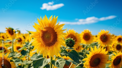 Close up of a sunflower in a field. Sunflower in a sunflower field on the background of a blue sky with clouds. Beautiful big yellow sunflower in a sunflower field on a sunny day.