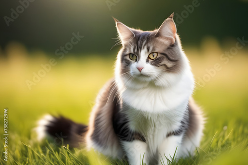 Grey and White Cat Sitting in the Grass