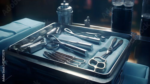 A sterile medical tray with scalpels, forceps, and other surgical instruments ready for a procedure.  photo