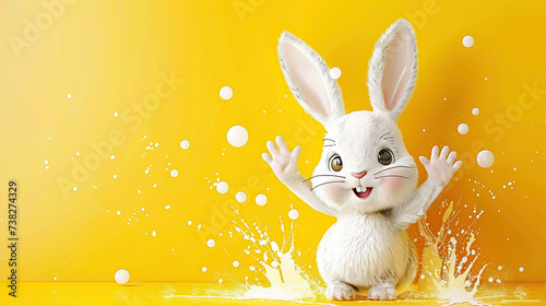 happy easter greeting card with cute white baby rabbit on bright yellow background, clear space for text and creativity