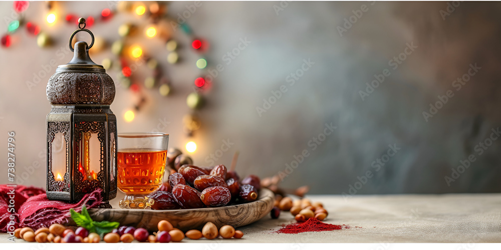 Ramadan food and drinks concept. Ramadan Lantern, Ramadan food and drinks concept. Ramadan Lantern with Arabian lamp, wood rosary, dates fruit and lighting on white background. Generative Ai 
