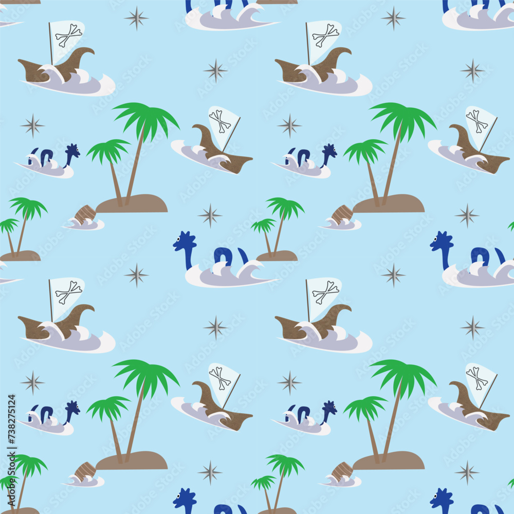 Obraz premium vector pattern, sea, pirate ship, sea monster, island, blue background