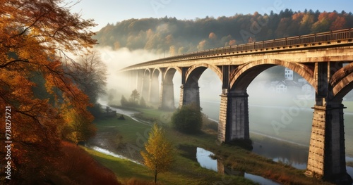 A Railway Bridge in the Village Stands Majestic in the Autumn Fog