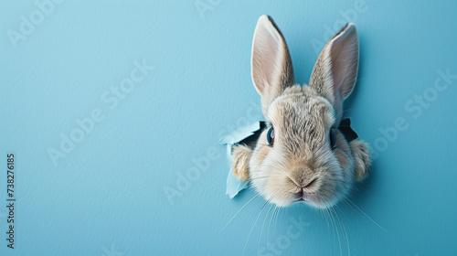 rabbit on easter peaking through pastel blue background, happy easter, greeting cards, birthdays , baby shower 