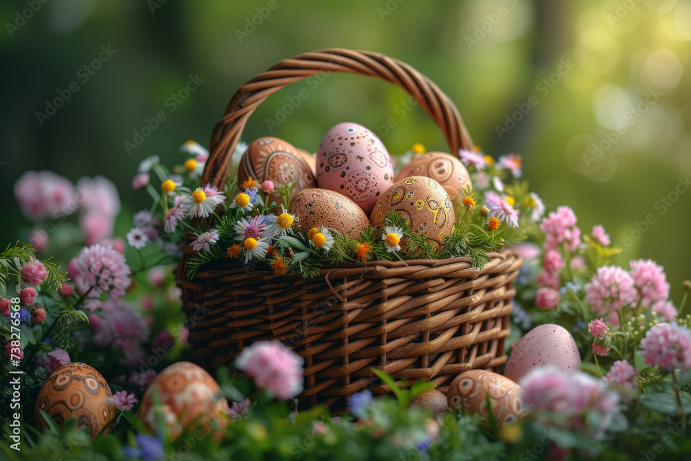 An intricately decorated Easter basket filled with pastel-colored eggs, chocolates, and spring flowers. Concept of Easter gifts and abundance. Generative Ai. An intricately decorated Easter basket filled with pastel-colored eggs, chocolates, and spring flowers. Concept of Easter gifts and abundance. Generative Ai.