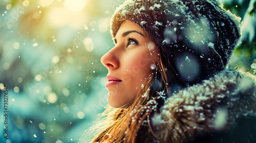 Beauty portrait of beautiful attractive woman, young calm woman at fresh air at winter cold frosty snowy day.