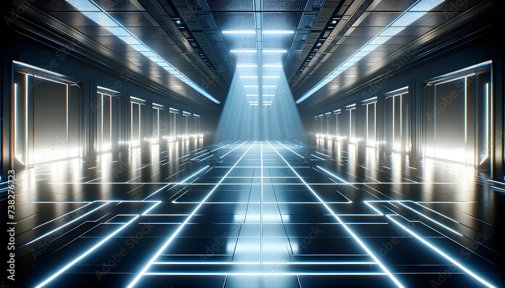 A sleek, futuristic corridor extends into the distance, illuminated by a soft blue beam of light from the ceiling.

