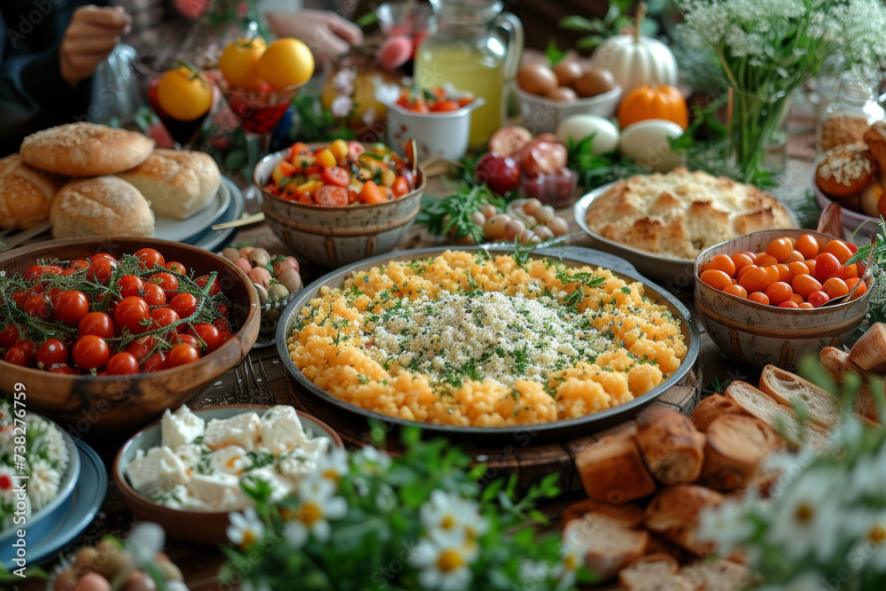 A family gathering around a beautifully set Easter brunch table, featuring traditional dishes and fresh spring produce. Concept of festive family meals. Generative Ai. A family gathering around a beautifully set Easter brunch table, featuring traditional dishes and fresh spring produce. Concept of festive family meals. Generative Ai.
