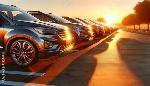 The image depicts a lineup of modern SUVs parked in a row, bathed in the golden light of a setting sun, with their sleek designs highlighted by the warm glow and long shadows cast across the pavement.
