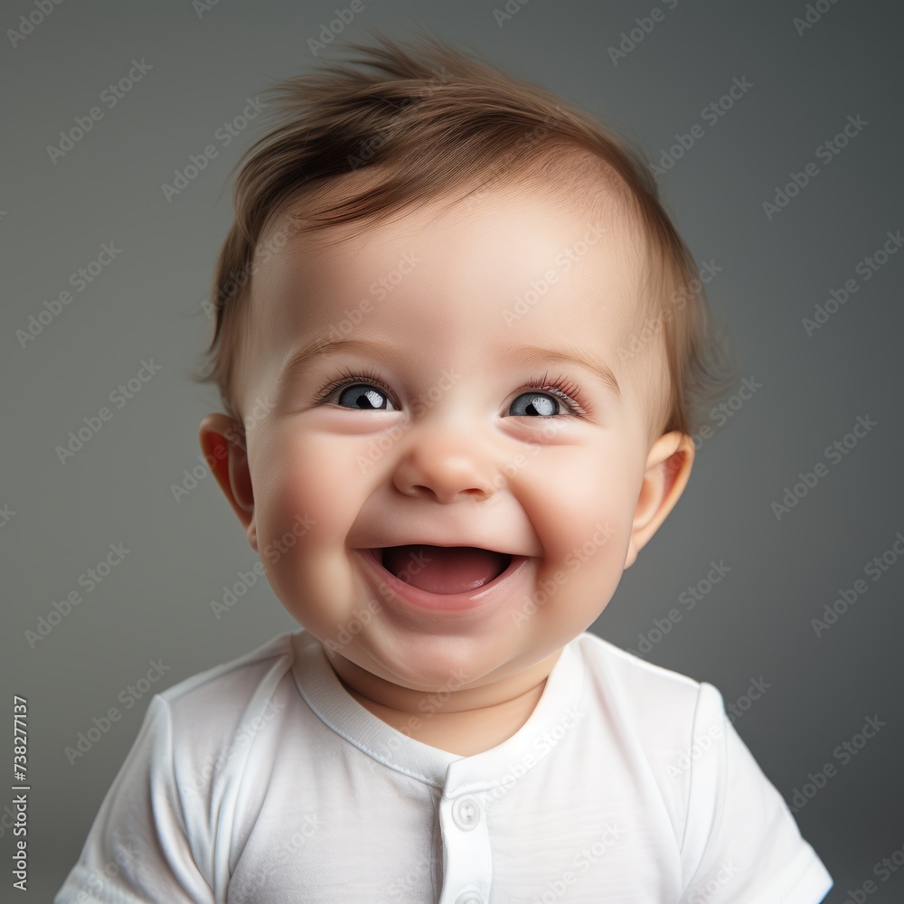 Excited baby boy on a gray background smiling and looking at the camera. Studio shot of an amused small baby with short hair. Cute cheerful child with an open mouth and small white teeth. Excited baby boy on a gray background smiling and looking at the camera. Studio shot of an amused small baby with short hair. Cute cheerful child with an open mouth and small white teeth.