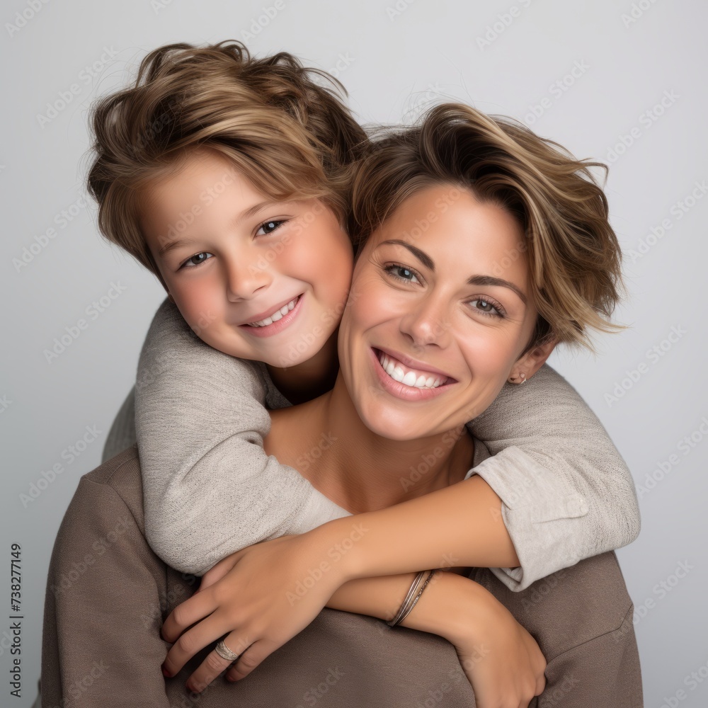 Happy mother and child on a white background. Smiling mother hugging with her son. Closeup studio portrait of a caucasian mom and her little kid smiling with shiny white teeth. Happy mother and child on a white background. Smiling mother hugging with her son. Closeup studio portrait of a caucasian mom and her little kid smiling with shiny white teeth.