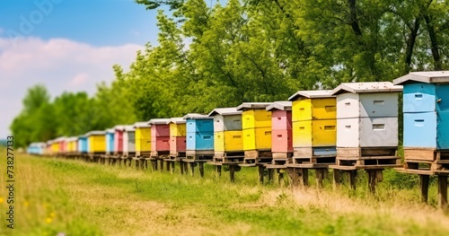 Colorful Wooden Beehives Lined Up Near a Tree, Alive with Bees Collecting Summer Pollen