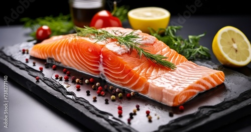 Seafood Symphony - Preparing a Healthy Raw Salmon Steak, Enhanced with Lemon, Herbs, and a Touch of Olive Oil