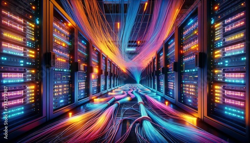 A wide digital illustration of a server room data