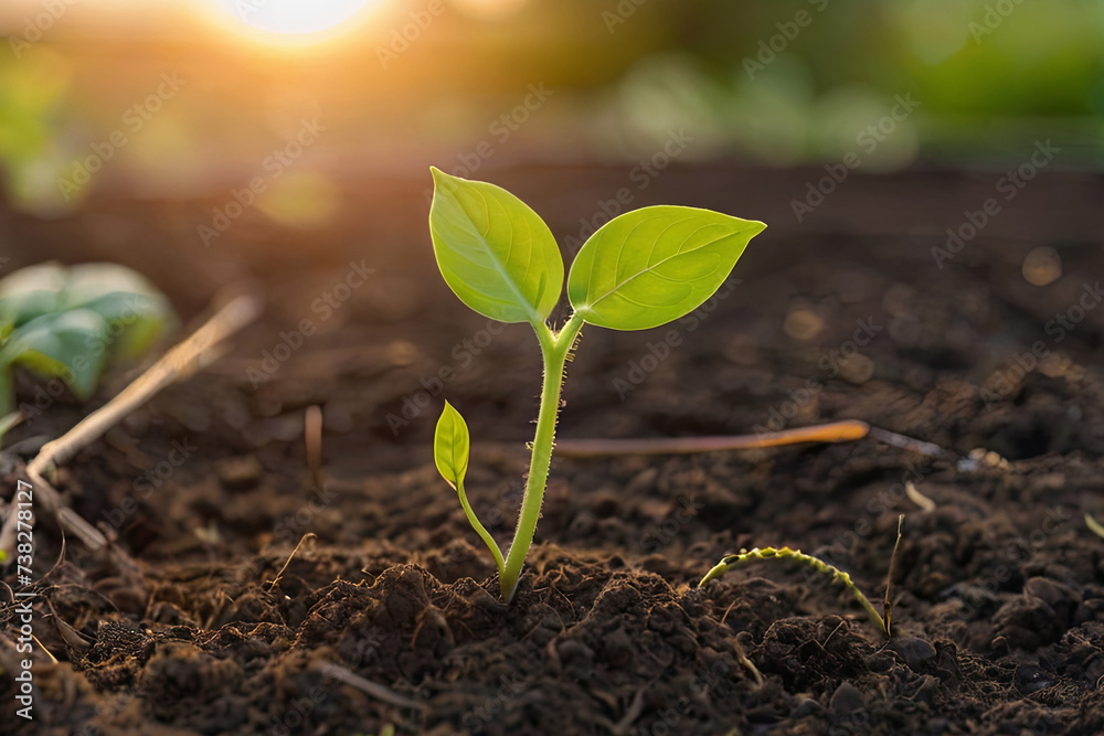 Fototapeta premium Young plant thriving in garden at sunset. Nature's beauty captured in the golden hour. Growth and serenity combined. 