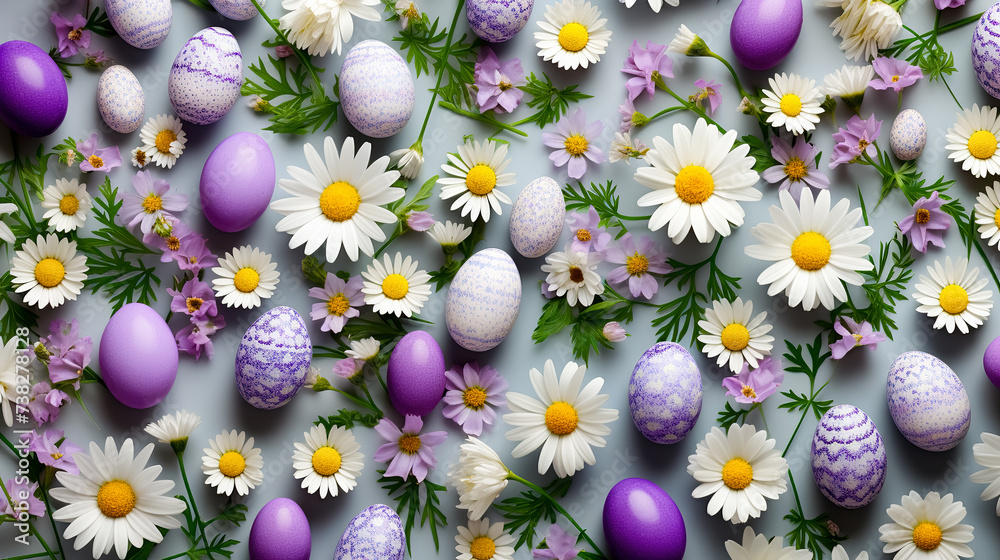 Easter purple eggs and chamomile flowers on blue background. Top view. Greeting card on an Easter theme. Happy Easter concept. Easter purple eggs and chamomile flowers on blue background. Top view. Greeting card on an Easter theme. Happy Easter concept.