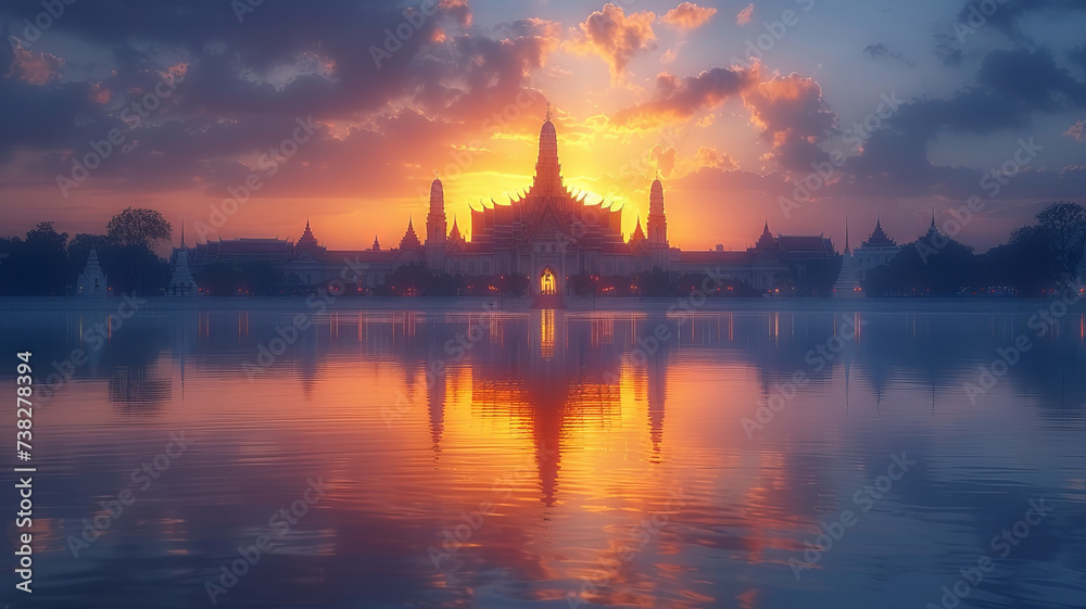 Grand palace and Wat phra keaw at sunset bangkok, Thailand. Beautiful Landmark of Thailand ,generative ai.