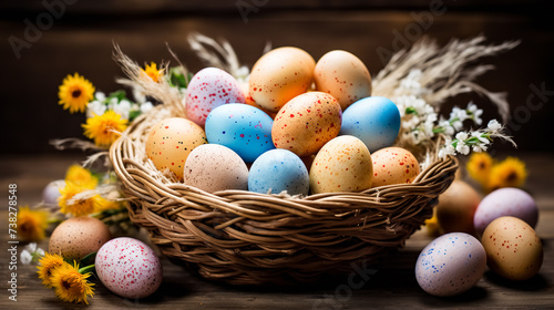 Colorful Easter eggs in a basket with flowers on wooden background. Greeting card on an Easter theme. Happy Easter concept.