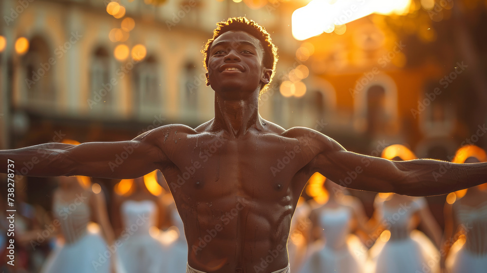 young black male ballet dancer practicing in the neighbourhood with young female dancers in the background,generative ai - obrazy, fototapety, plakaty 