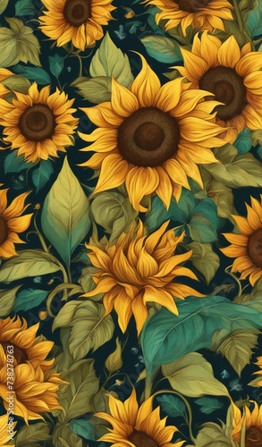 Sunflowers illustration , Yellow Sunflowers and green leaves pattern design.