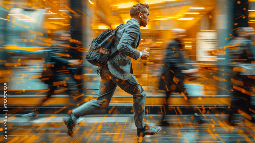Blurred motion of Energetic business man, he is running with carrying a briefcase to a business meeting. Competition concept,generative ai Blurred motion of Energetic business man, he is running with carrying a briefcase to a business meeting. Competition concept,generative ai