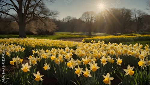 Sunny Serenity: A Picturesque Spring Afternoon in a Meadow Bursting with Daffodil Blooms, generative AI