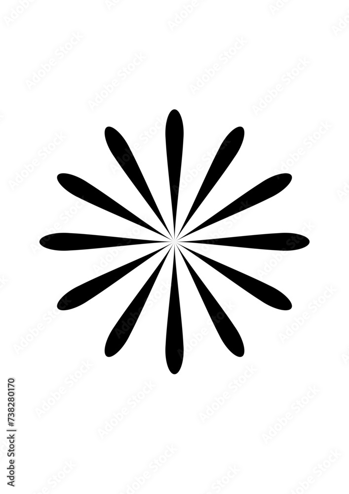 black rosette in the shape of a flower with 12
 narrow lanceolate petals, abstract modern design, graphic, silhouette
