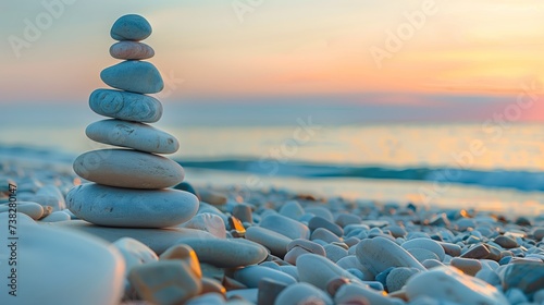 Zen stones balanced perfectly against a serene beach sunset