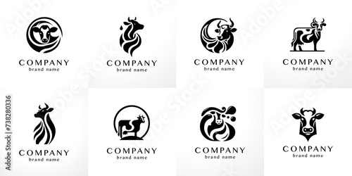 Stylish flat minimalistic logo design collection: modern graphic elements with abstract Cow shapes in black and white for agriculture and cattle farm dairy products (milk) in vector set photo