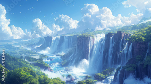 Beautiful waterfalls cascade down rocky cliffs and clouds float into the air generative ai