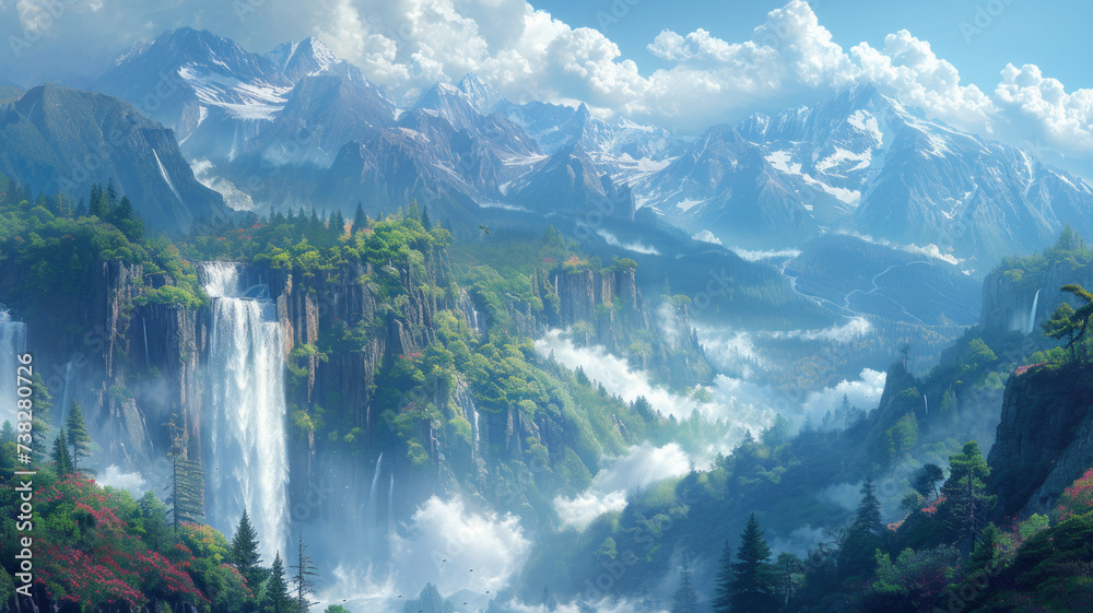 Beautiful waterfalls cascade down rocky cliffs and clouds float into the air,generative ai