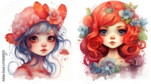 Watercolor with graceful brush strokes depicts two red-haired girls with flowers in their hair close-up on a white background.