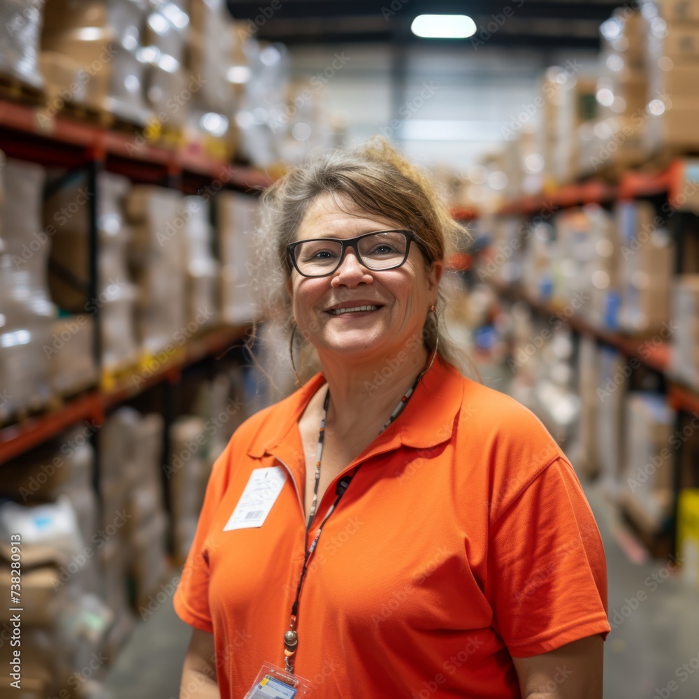 50 year old woman works in a warehouse. 50 year old woman works in a warehouse.