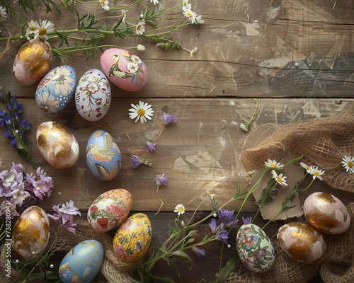Rustic Wood, Vibrant Eggs, and Wildflowers © AI Artisan