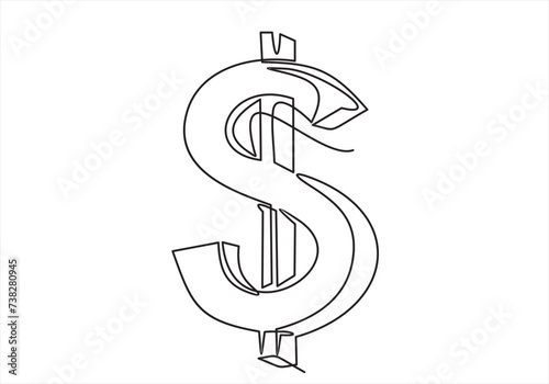 Continuous one line drawing of dollar sign isolated on white background. Dollar money symbol with scribble hand drawn sketch line art. Minimalism design. Concept of money storage, money, finance
