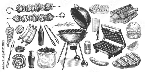 Set of barbecue equipment. Hand drawn collection of bbq tool and food. Outdoor grill. Sketch style fried meat, shish kebab, sauce, fish, ribs, sausages, steak, grilled vegetables. Vector engraving