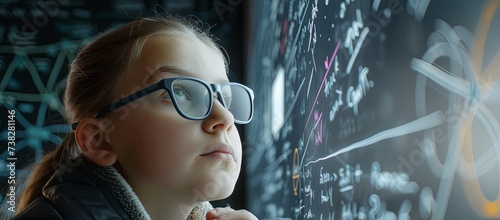 Genius girl with glasses thinking. A gifted child solving some kind of scientific problem. Illustration for varied design.