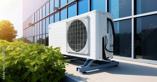 Innovative Cooling - Showcasing a Modern Building Equipped with a State-of-the-Art Air Conditioning Condenser Unit photo