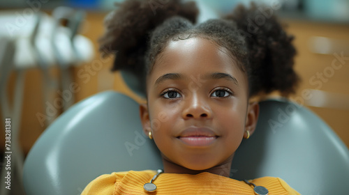 Smiling small black girl is on dentist chair and waiting teeth examination. Tooth care concept. Selective focus. Copy space.