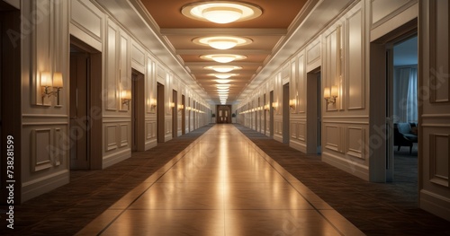Endless Elegance - A Brightly Lit Long Corridor in a Hotel, Offering a Warm Interior Welcome