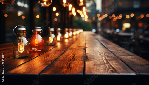 Rustic bar with old lanterns  glowing glass  and wooden table generated by AI