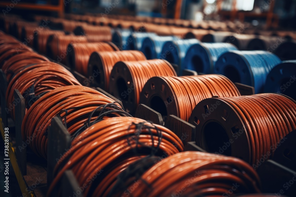 Wires and cables in coils at a production line - obrazy, fototapety, plakaty 