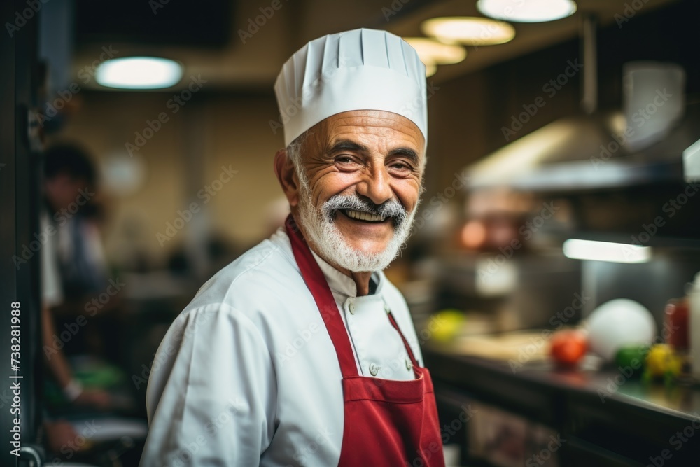 Smiling portrait of a senior chef in restaurant kitchen