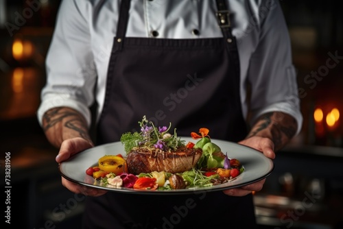 Chef holding a modern decorated meal