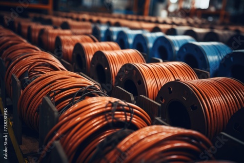 Wires and cables in coils at a production line photo