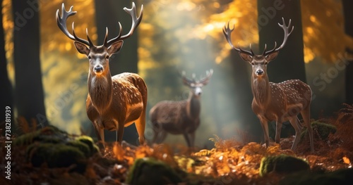 The Silent Majesty of Stags Amidst the Falling Leaves of the Autumn Forest