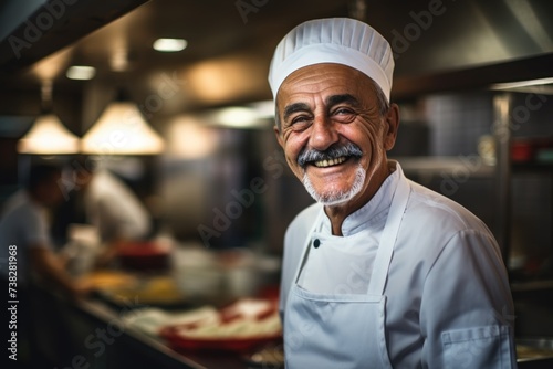 Smiling portrait of a senior chef in restaurant kitchen