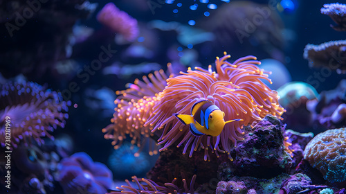An underwater close-up of a colorful clownfish nestled among the tentacles of a sea anemone
